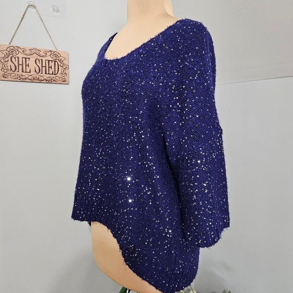 Allen B by Allen Schwartz Sweater Sequin Drop Shoulder Blue High Low XL Bling - Picture 4 of 14